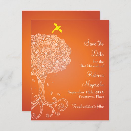 Bat Mitzvah: Oranje levensboom sparen de datum Save The Date (Voorkant / Achterkant)