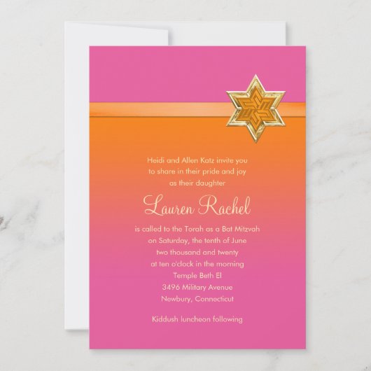 Bat Mitzvah Oranje Ombre Ribbon en Star Kaart (Voorkant)