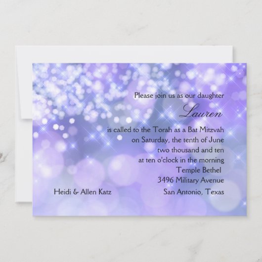 Bat Mitzvah Paars en Blue Sparkle Lights Kaart (Voorkant)