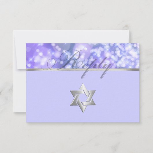 Bat Mitzvah Paars en Blue Sparkle Lights RSVP Kaartje (Voorkant)