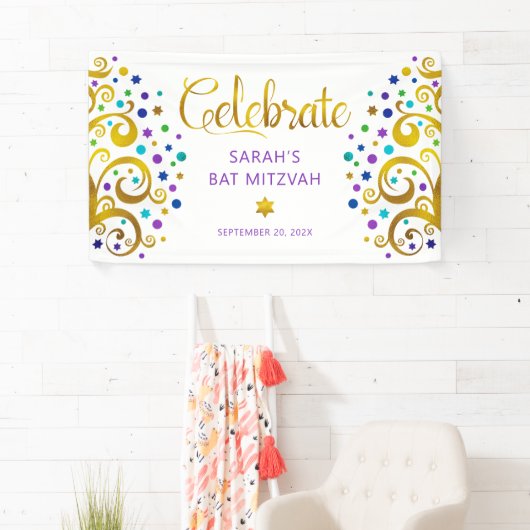 Bat Mitzvah Paars Goud Folie Schrift Boom des Leve Spandoek (Insitu)