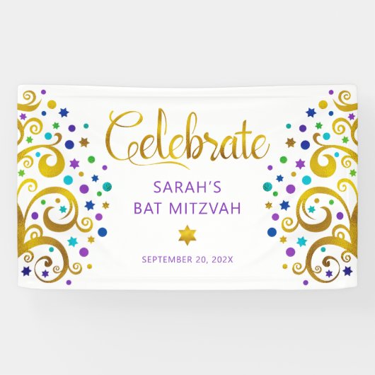 Bat Mitzvah Paars Goud Folie Schrift Boom des Leve Spandoek (Horizontaal)