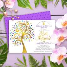 Bat Mitzvah Paars Goud Folie Script Boom des Leven