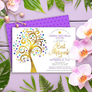 Bat Mitzvah Paars Goud Folie Script Boom des Leven Kaart