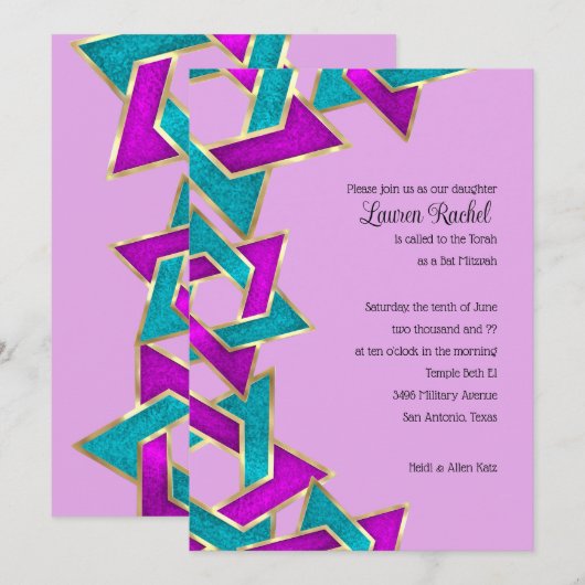 Bat Mitzvah Paars Turquoise Ster van David Kaart (Voorkant / Achterkant)