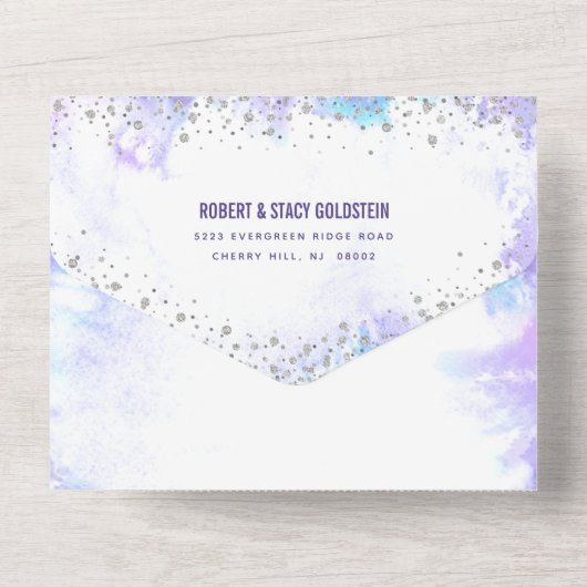 Bat Mitzvah Paars Waterverf Zilver Schrift Modern All In One Uitnodiging (Achterkant)