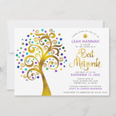 Bat Mitzvah Paarse Gold Foil Modern Tree of Life Kaart (Voorkant)