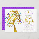 Bat Mitzvah Paarse Gold Foil Modern Tree of Life Kaart<br><div class="desc">Wees trots, blij en toon deze mijlpaal van je favoriete Bat Mitzvah! Deze grafische faux gouden folie-boom met dunne turquoise, blauwgroen, paarse en blauwe ster van David en puntige "bladeren" op een witte achtergrond is de perfecte uitnodiging voor deze speciale gelegenheid. Een kleine, donkere paarse ster van David patroonbedekking lichter...</div>