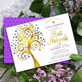 Bat Mitzvah Paarse Gold Foil Modern Tree of Life Kaart