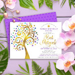 Bat Mitzvah Paarse Gold Foil Script Tree of Life Kaart<br><div class="desc">Wees trots, blij en toon deze mijlpaal van je favoriete Bat Mitzvah! Deze grafische faux gouden folie-boom met dunne turquoise, blauwgroen, paarse en blauwe ster van David en puntige "bladeren" op een witte achtergrond is de perfecte uitnodiging voor deze speciale gelegenheid. Een kleine, donkere paarse ster van David patroonbedekking lichter...</div>