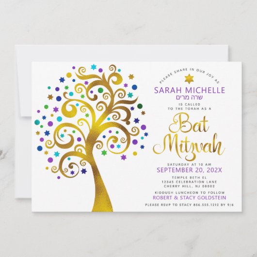 Bat Mitzvah Paarse Gold Foil Script Tree of Life Kaart (Voorkant)