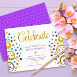 Bat Mitzvah Paarse Gouden Folie Tree of Life Moder Informatiekaartje<br><div class="desc">Wees trots, verheug je en laat deze mijlpaal van je favoriete Bat Mitzvah zien! Deze abstracte, faux gouden folie met fonkelende turquoise, blauwgroen, paarse en blauwe davidster en stip "bladeren" op een witte achtergrond, is de perfecte gepersonaliseerde party info insert voor deze speciale gelegenheid. Een piepkleine, donkere paarse davidster die...</div>