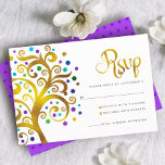 Bat Mitzvah Paarse Gouden Folie Tree of Life Moder RSVP Kaartje<br><div class="desc">Wees trots, blij en toon deze mijlpaal van je favoriete Bat Mitzvah! Omvat deze grafische faux gouden folie boom met dunne turquoise, blauwgroen, paarse en blauwe Ster van David en punt "bladeren" op een witte achtergrond, gepersonaliseerde RSVP tussenvoegselkaart voor uw gebeurtenis. Een kleine, donkere paarse ster van David patroonbedekking lichter...</div>