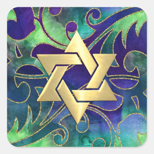 Bat Mitzvah Paarse Green Waterverf Gold Accents Vierkante Sticker (Voorkant)