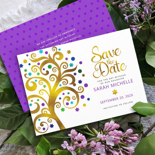 Bat Mitzvah Paarse met Gold Script Tree of Life Save The Date