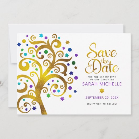 Bat Mitzvah Paarse met Gold Script Tree of Life Save The Date (Voorkant)