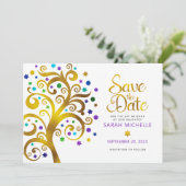 Bat Mitzvah Paarse met Gold Script Tree of Life Save The Date (Staand voorkant)
