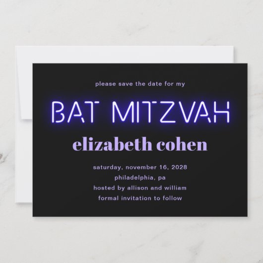 Bat Mitzvah Paarse Neon licht de datum op Kaart (Voorkant)