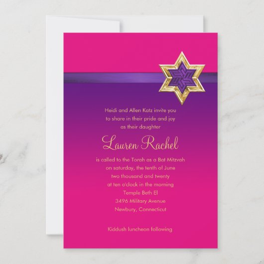 Bat Mitzvah Paarse Ombre Ribbon en Star Kaart (Voorkant)