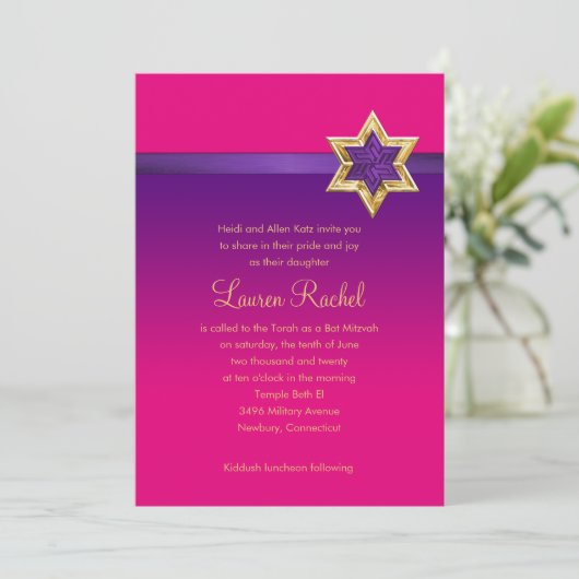 Bat Mitzvah Paarse Ombre Ribbon en Star Kaart (Staand voorkant)