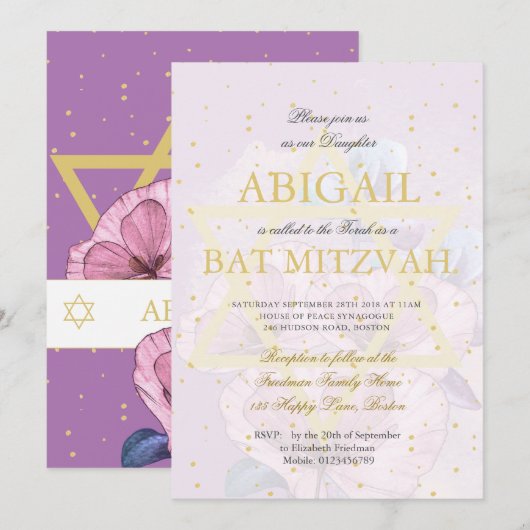 Bat Mitzvah Paarse Poppies Gold Star van David Kaart (Voorkant / Achterkant)