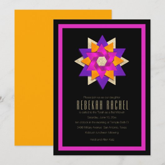 Bat Mitzvah Paarse roze Oranje sterventilator Kaart (Voorkant / Achterkant)