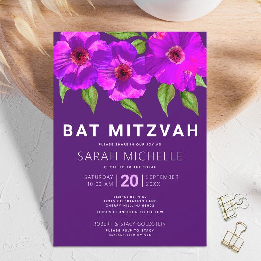 Bat Mitzvah Paarse Roze Waterverf Floral Modern Kaart