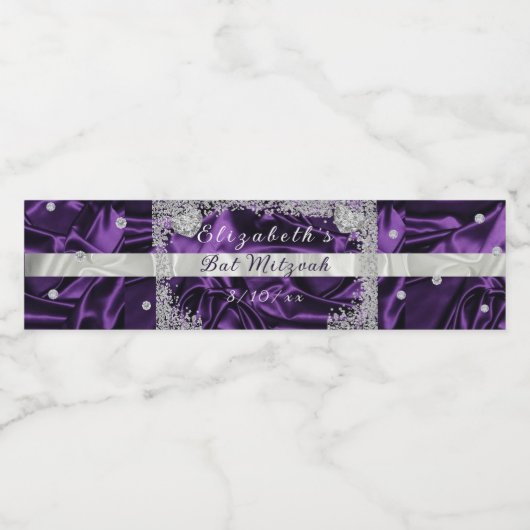 Bat Mitzvah Paarse Satijn Sparkling Diamonds Waterfles Etiket (Enkel label)