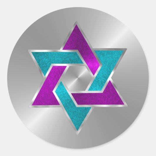 Bat Mitzvah Paarse Turquoise Star David Silver Ronde Sticker (Voorkant)