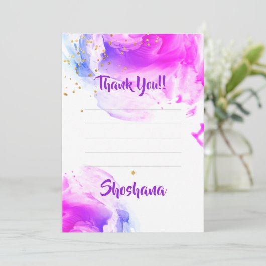 Bat Mitzvah Paarse Waterverf Glitter Blank Bedankkaart (Staand voorkant)