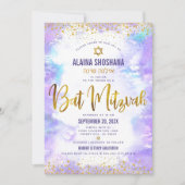 Bat Mitzvah paarse waterverf gold folie script Kaart (Voorkant)
