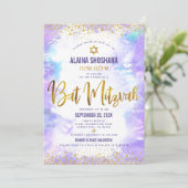 Bat Mitzvah paarse waterverf gold folie script Kaart (Staand voorkant)