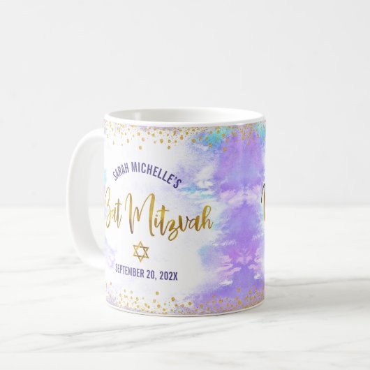 Bat Mitzvah Paarse Waterverf Gold Script Confetti Koffiemok (Voorkant links)