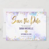 Bat Mitzvah Paarse Waterverf Gold Script Girly Save The Date (Voorkant)