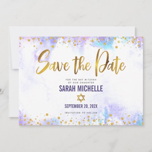 Bat Mitzvah Paarse Waterverf Gold Script Girly Save The Date (Voorkant)