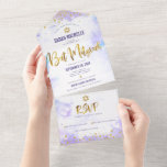 Bat Mitzvah paarse waterverf Gold script modern All In One Uitnodiging<br><div class="desc">Wees trots, blij en toon deze mijlpaal van je favoriete Bat Mitzvah! Verstuur deze verbluffende, moderne, aangepaste all-in-one uitnodiging voor een evenement dat je moet onthouden. Een lichte folie met gouden nep, glitter stippen en een typografische script bedekken een lichte paarse achtergrond van de waterverf. Dit all-in-one product is een...</div>