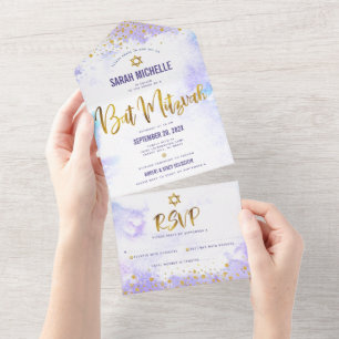 Bat Mitzvah paarse waterverf Gold script modern All In One Uitnodiging