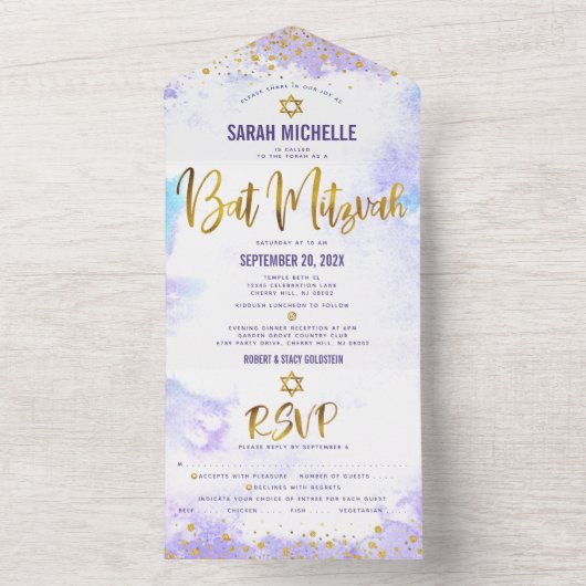 Bat Mitzvah Paarse Waterverf Gold Script Party All In One Uitnodiging (Binnen)