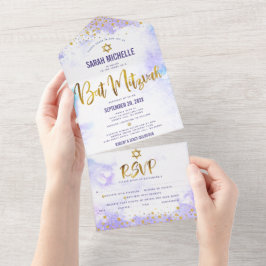 Bat Mitzvah Paarse Waterverf Gold Script Party All In One Uitnodiging