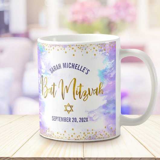 Bat Mitzvah Paarse Waterverf Gouden Schrift Confet Koffiemok