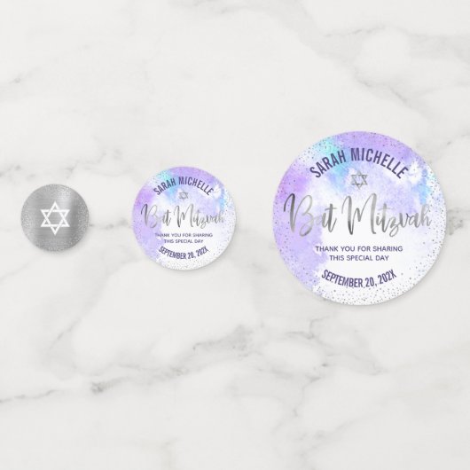 Bat Mitzvah Paarse Waterverf Silver Foil Script Confetti (Voorkanten)