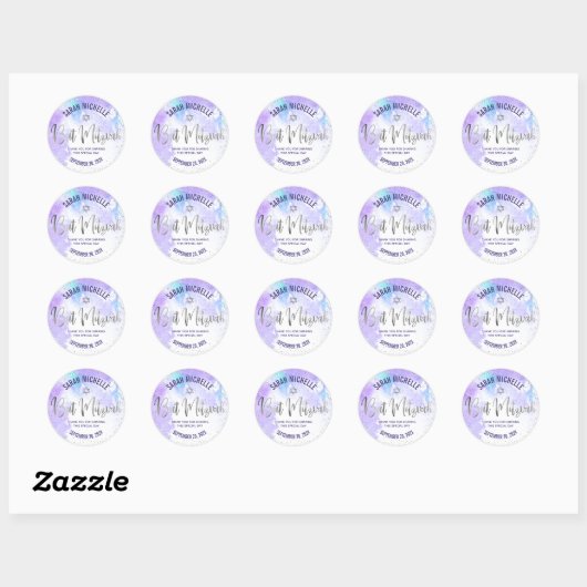 Bat Mitzvah Paarse Waterverf Silver Foil Script Ronde Sticker (Vel)