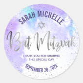 Bat Mitzvah Paarse Waterverf Silver Foil Script Ronde Sticker (Voorkant)