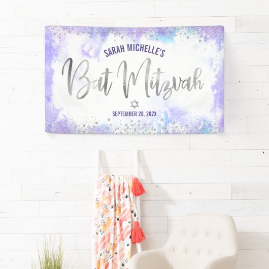 Bat Mitzvah Paarse Waterverf Silver Foil Script Spandoek (Insitu)