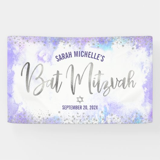 Bat Mitzvah Paarse Waterverf Silver Foil Script Spandoek (Horizontaal)