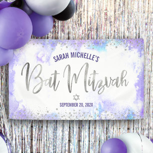 Bat Mitzvah Paarse Waterverf Silver Foil Script Spandoek