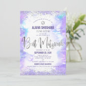 Bat Mitzvah paarse waterverf Silver folie script Kaart (Staand voorkant)