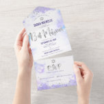 Bat Mitzvah Paarse Waterverf Silver Script Modern All In One Uitnodiging<br><div class="desc">Wees trots, blij en toon deze mijlpaal van je favoriete Bat Mitzvah! Verstuur deze verbluffende, moderne, aangepaste all-in-one uitnodiging voor een evenement dat je moet onthouden. Sparkly Silver Faux folie, glitter stippen en typografiescript bekleden een lichte paarse achtergrond van de waterverf. Dit all-in-one product is een unieke combinatie van een...</div>