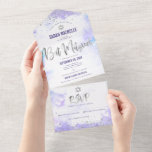 Bat Mitzvah Paarse Waterverf Silver Script Modern All In One Uitnodiging<br><div class="desc">Wees trots, blij en toon deze mijlpaal van je favoriete Bat Mitzvah! Verstuur deze verbluffende, moderne, aangepaste all-in-one uitnodiging voor een evenement dat je moet onthouden. Sparkly Silver Faux folie, glitter stippen en typografiescript bekleden een lichte paarse achtergrond van de waterverf. Dit all-in-one product is een unieke combinatie van een...</div>