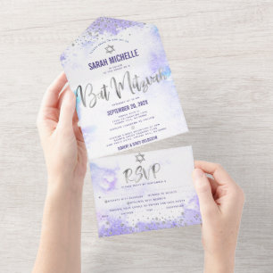 Bat Mitzvah Paarse Waterverf Zilver Schrift Feest All In One Uitnodiging